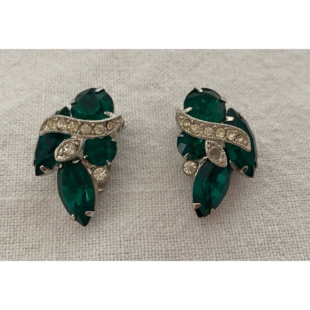 VTG Eisenberg Ice Emerald Green Rhinestone Clip On Earrings Signed Silver Tone